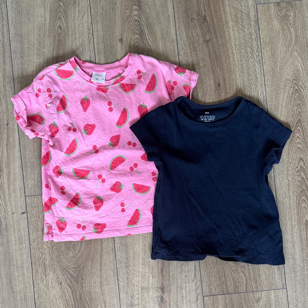 Zara Kids Pink Fruit Print Tee & H&M navy  Ribbed Tee — 2-Pack Girls Tops